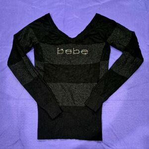 Bebe Swarovski Crystal Logo Black/Metallic Double V-Neck Sweater - XS.
